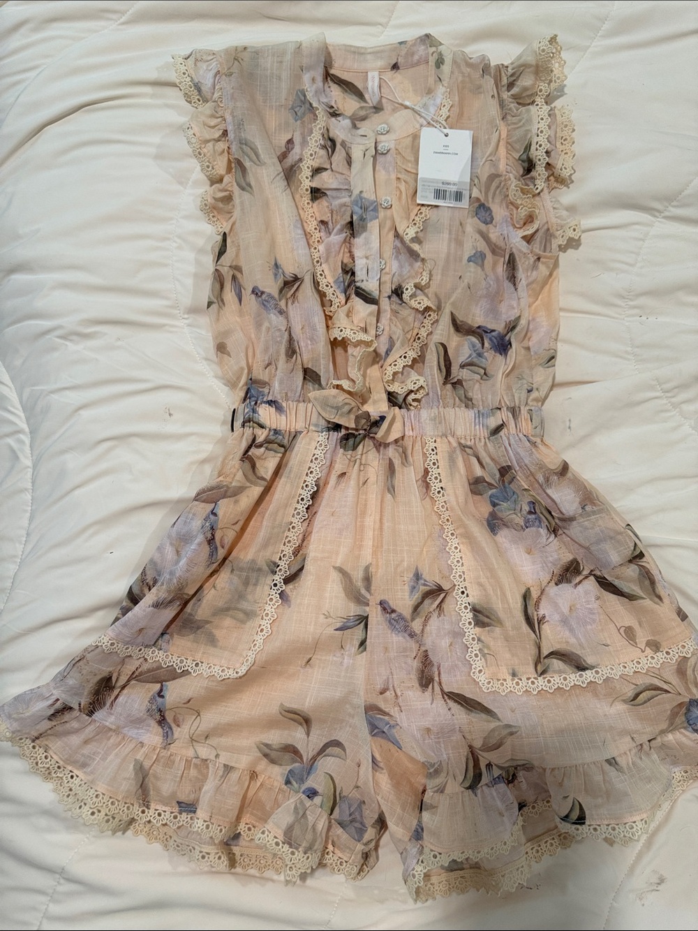 NWT $260 Zimmermann Girls Peach Floral Ruffle romper dress size 12
